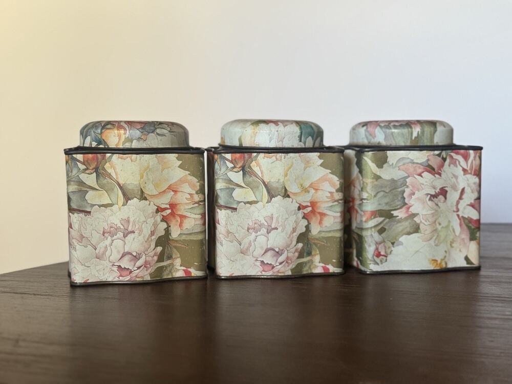 Vintage CASA Shops Floral Tin Canisters Set of 3 Peony Tea Caddies Belgium 4x4.5